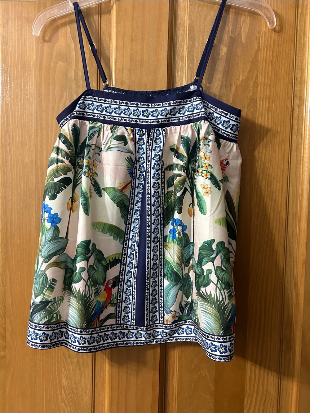 SHEIN Tropical Floral Spaghetti Strap Camisole with Navy Trim